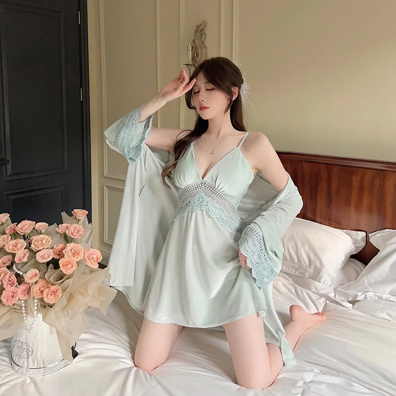 Autumn Winter Lace Velour Robe Set Women Sling Solid Two Piece Set Kimono Sleep Suit Velvet Nightgown Home Dress