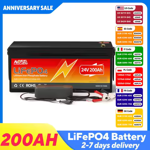 24V 200Ah LiFePO4 Lithium Battery 10000+ Deep Cycle Battery Built-in 200A BMS 5120W Rechargeable Lithium Batteries for Off-Grid
