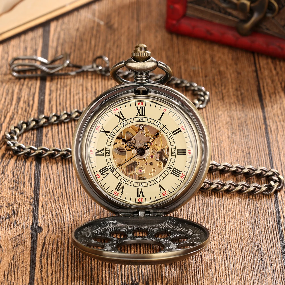 Bronze Hollow Men's Mechanical Hand Winding Pocket Watch Roman Numerals Dial Vintage Fob Chain Pendant Clock Retro Gift
