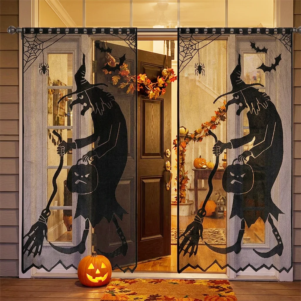 2-piece Halloween witch pumpkin lace curtains, no-drill semi-transparent door curtains, for creating a spooky party atmosphere
