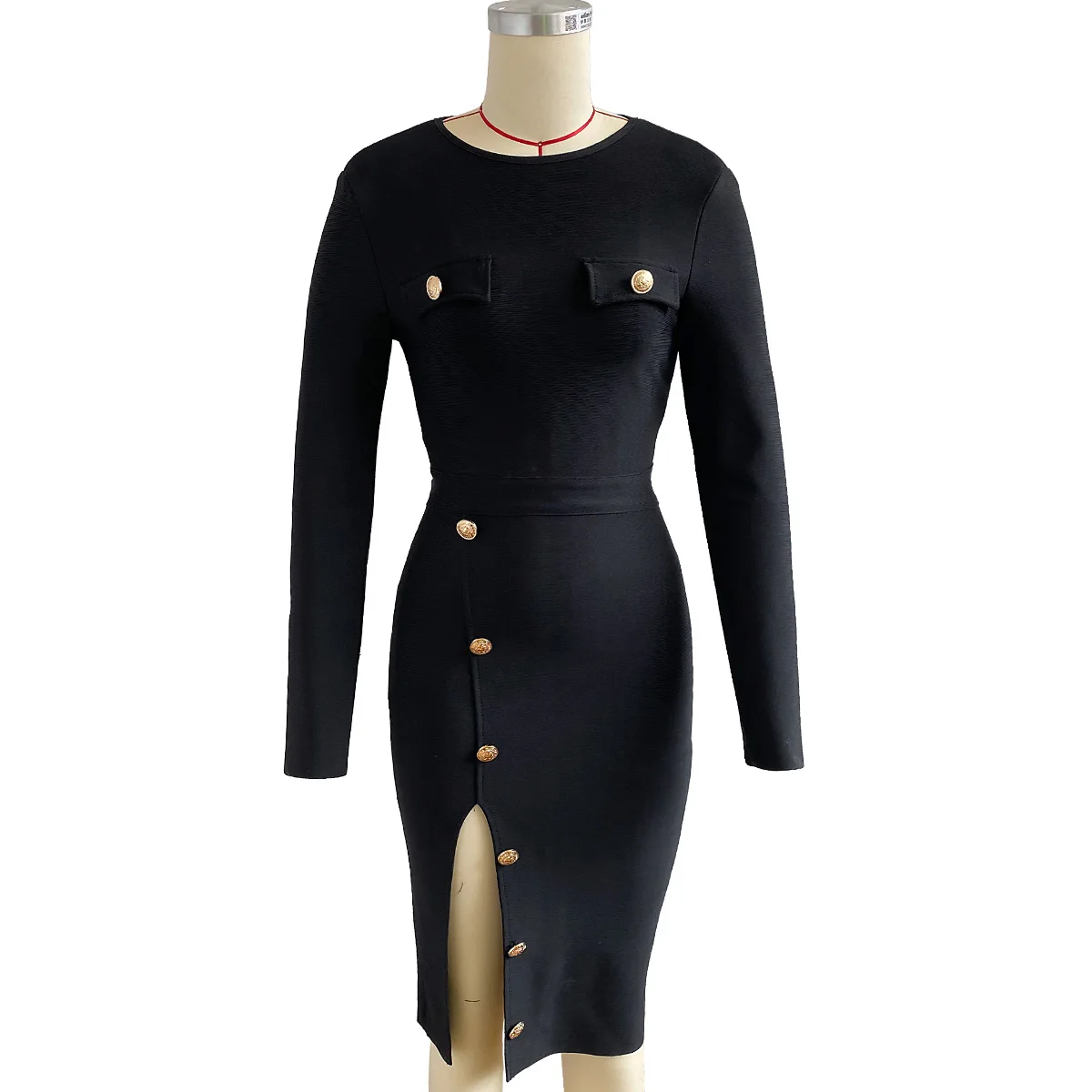 

HQBORY Winter Women Long-sleeves Sexy Split Black button Mid-length bandage dress O-neck bodycon celebrity Party club vestidos