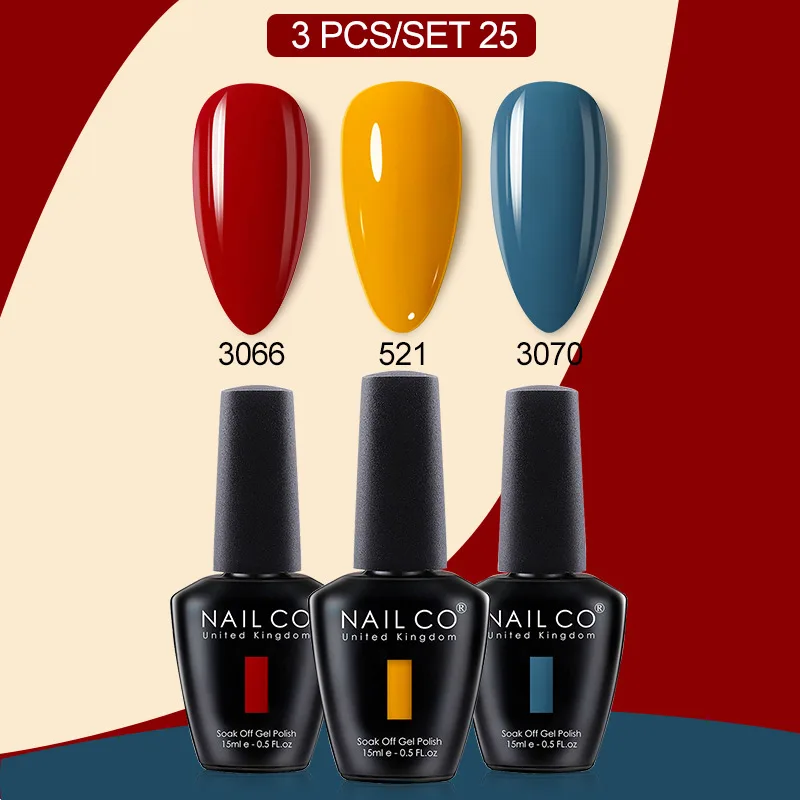 NAILCO 3 ชิ้น/เซ็ตสีเจลยาทาเล็บอุปกรณ์ทำเล็บกึ่งถาวรแช่เล็บเจลอาร์ตเคลือบเงาแต่งเล็บสำหรับเล็บ 15 มิลลิลิตร