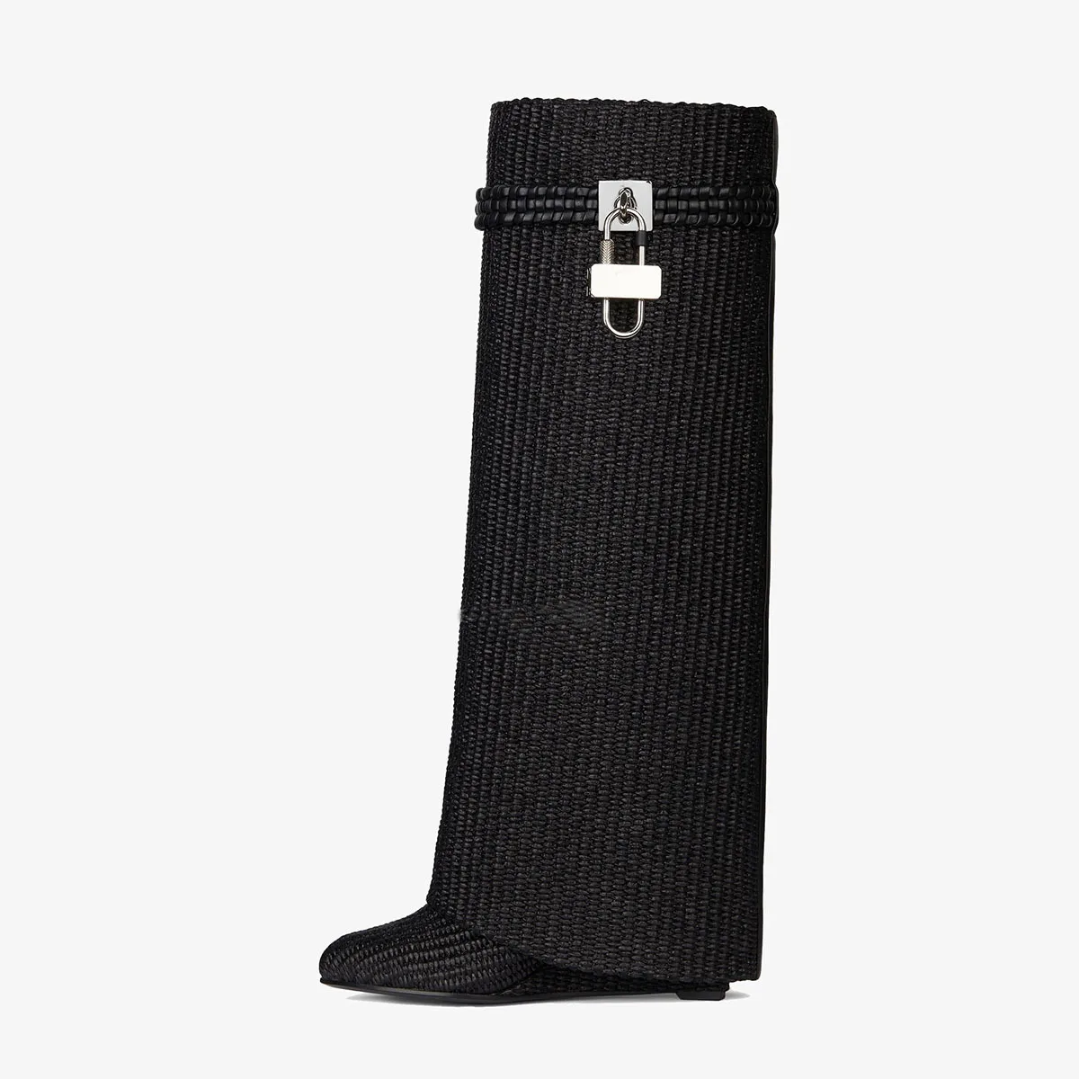 Round-Toe Wedge Woven Pattern Knee-High Boots Thigh-Length Locker-Strap Trouser Botines Large Sizes Shark Buckle Botas Femininas