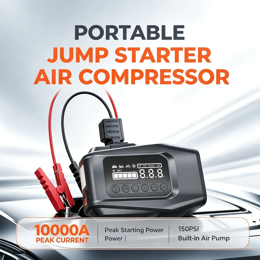 AEGNITE 10000A 10-in-1 Portable CarJump Start Jump Power Supply with Tire Inflator Combo 12V Battery Charger 150PSI Air Pump LED USB Quick Charge Input/Output Multi-Function Roadside Emergency Tool