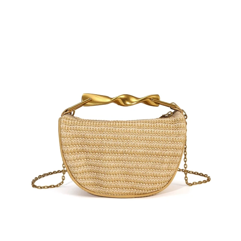 

Metallic Gold Handle Pp Straw Bag Woven Bag Summer Irregular Handbag Boho Style Mini Beach Wedding Party Bags with Long Straps