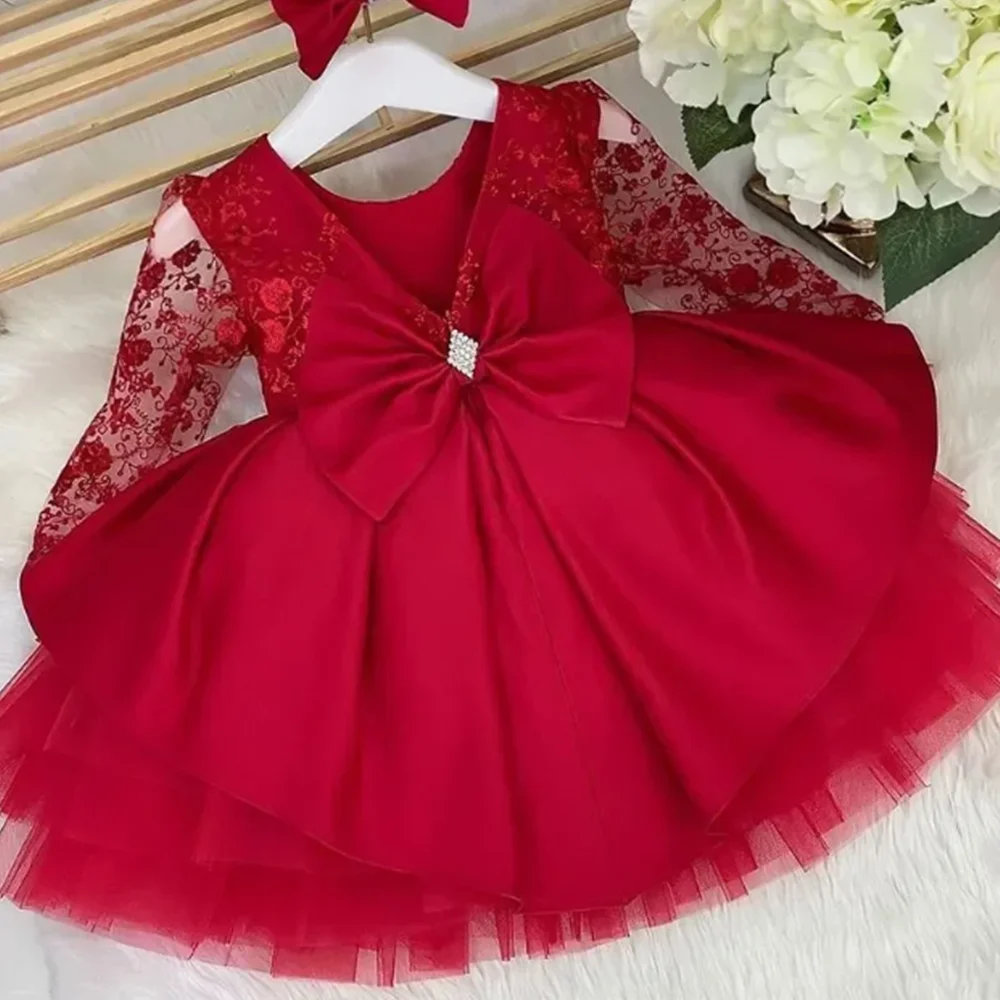 

Customized Royal Red Flower Girl Dresses For Wedding Lace Full Sleeves Puffy Toddler Birthday Party First Communion Ball Gown