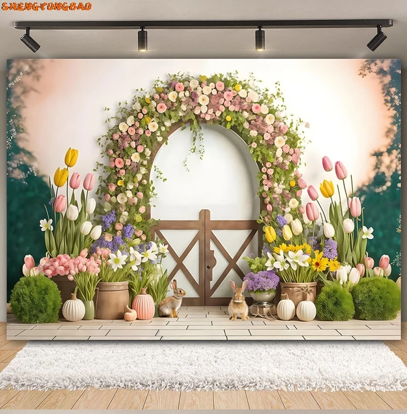 Toile de fond de photographie de Pâques de printemps, lapin, jardin floral, œufs colorés, lapin, fleur, fond d'anniversaire de bébé, studio photo
