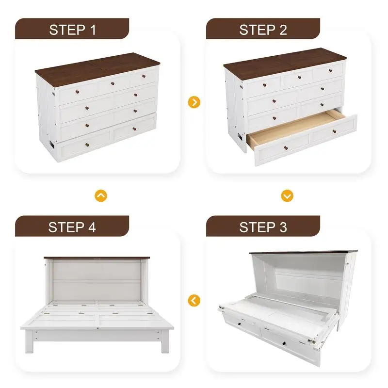 خزانة سرير ميرفي من الصنوبر الصلب مع قاعدة شحن ودرج تخزين كبير للمكتب المنزلي أو الغرفة الصغيرة، بالحجم الكامل، أبيض و #6