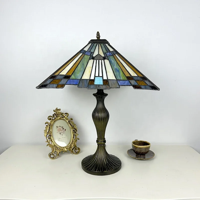 LongHuiJing 16inch Tiffany Style Classic Geometric Handcrafted Stained Glass Amber CreamBlueGreen LED Mediterranean Table Lamp