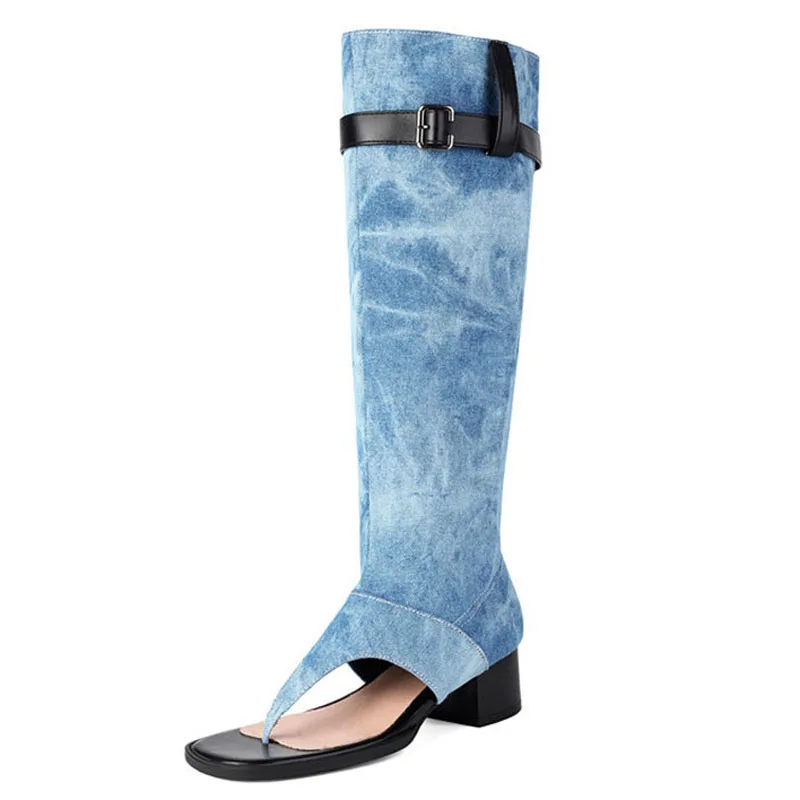 موضة جديدة sandalias femininas كليب تو حذاء بكعب سميك عالية أعلى الصنادل النساء الركبة عالية التمهيد أحذية الصيف سيدة الوجه يتخبط WSH5264