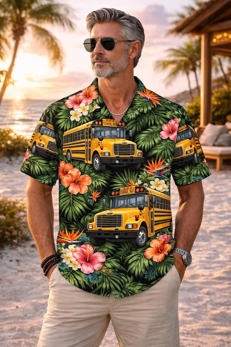 Tropical Style School Bus Floral Short Sleeved Flower Shirt, Retro Bus Egg Flower Niche Men's Loose Shirt