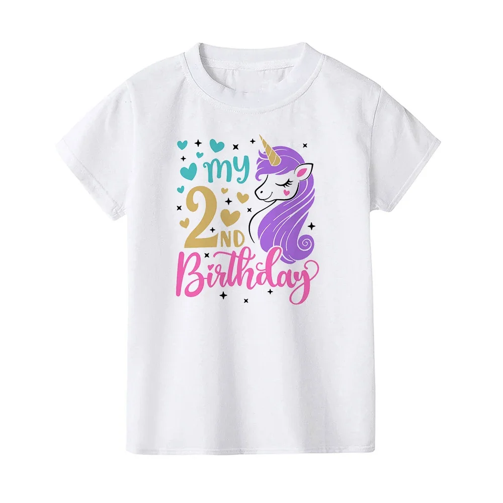 Cartoon Unicorn Printed Kids Girls Summer Birthday T-shirts Short Sleeve T Shirt Size 1-8 Year Children Party Clothes Tees Tops