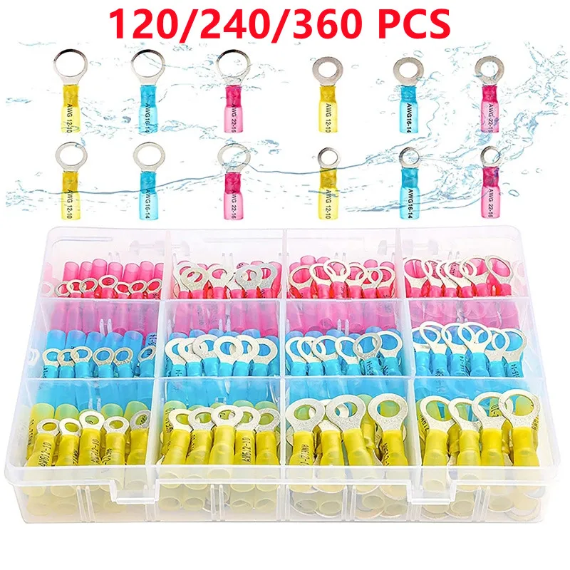 

120/240/360pcs Grade Heat Shrink Ring Connectors-Heat Shrink Wire Connectors Tinned Red Copper Insulated Ring Crimp Terminals