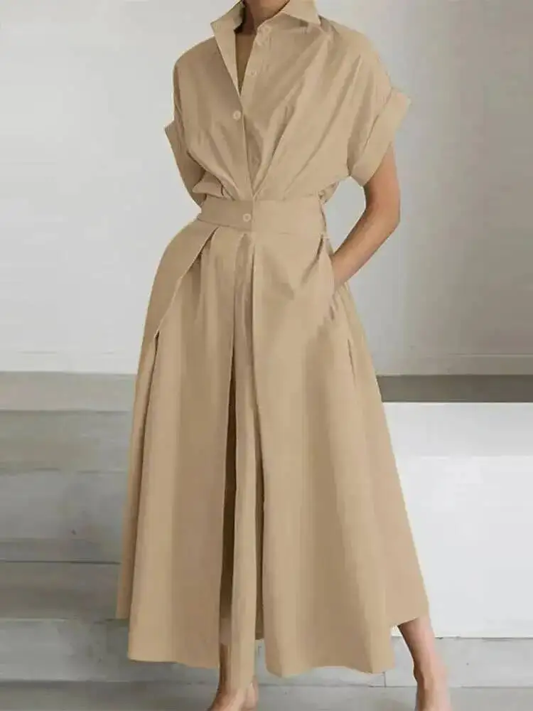 Frauen Mode Sommer Hemd Kleid 2025, Elegante Hohe Taille Kurzarm Midi Kleider Solide Kragen Roben Femme Streetwear 43O4