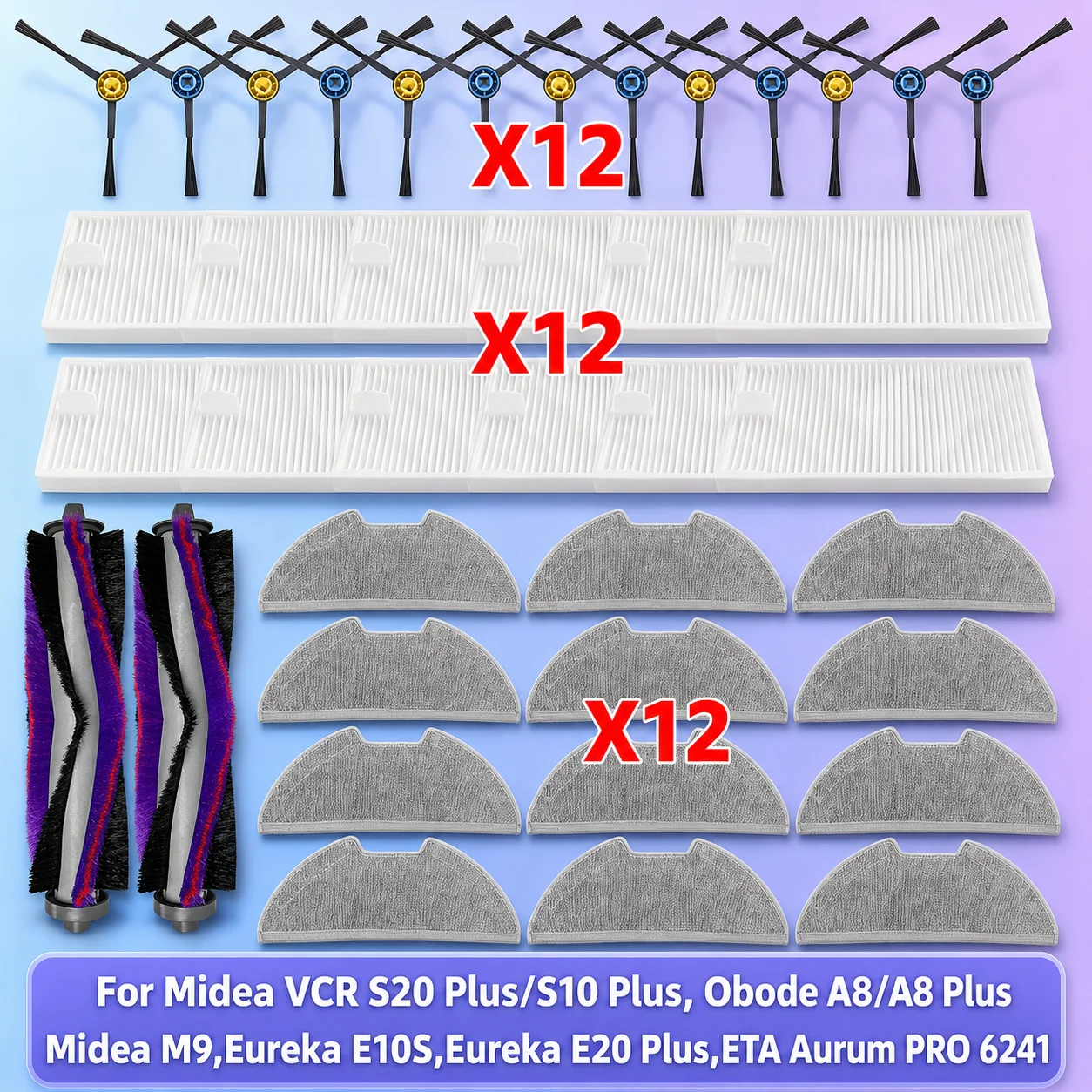 Fit For ( Midea M9, Midea VCR S20 Plus, Eureka E10S, Eureka E20 Plus, Obode A8 ) Parts Main Side Brush Filter Mop Cloth