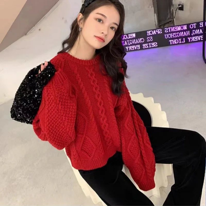 المرأة الياقة المستديرة سترة 100% ميرينو كنزة صوفية من الصوف الخريف الشتاء طويلة الأكمام الإناث فضفاضة الصوف تريكو بلوزات على الموضة #5