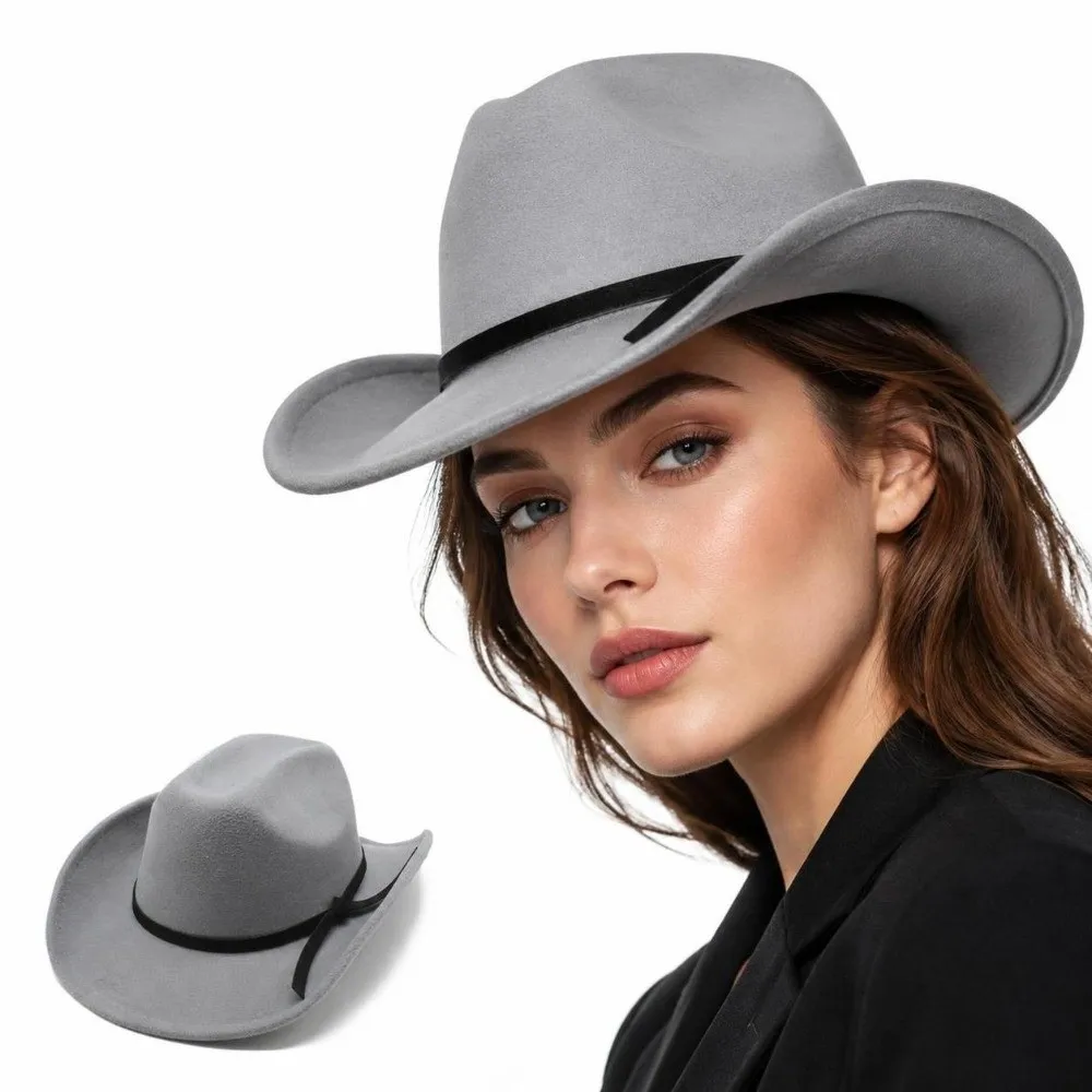 Elegant Wide Brim Western Cowboy Hat Gus Slope Crown with Lace Up Wide Brim Hat Upturned Edges Top hat for Men and Women