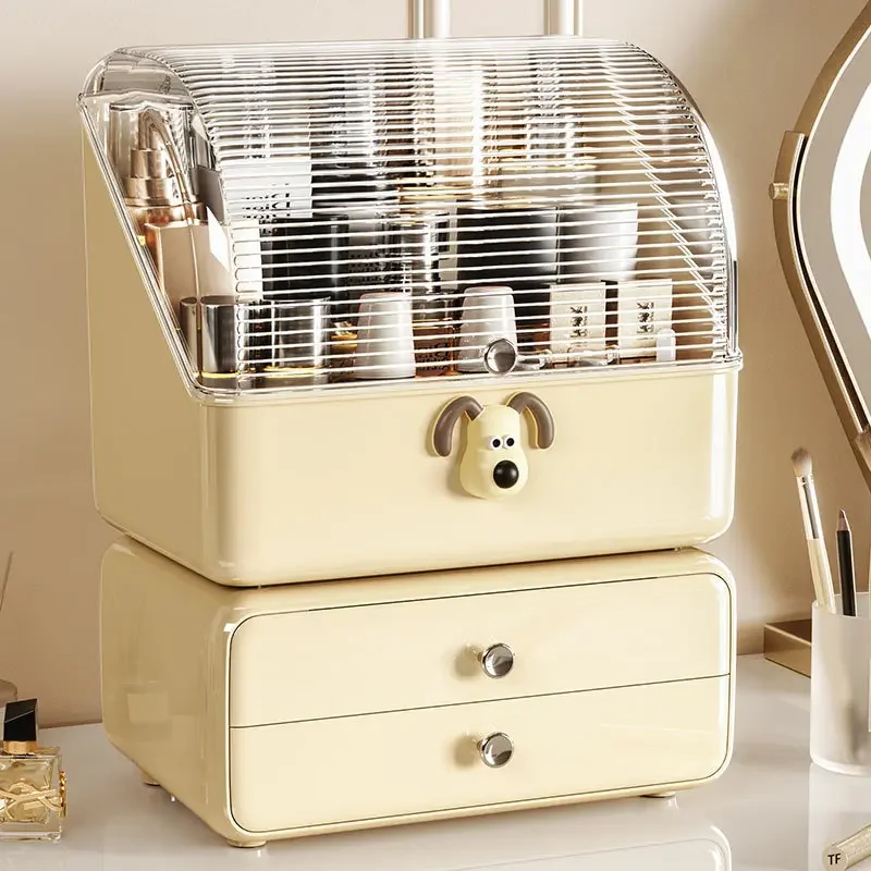 Household Desktop Cosmetics Storage Box Dressing Table Dust-proof Cream White Band Cover Skincare Lipstick Table Storage Rack