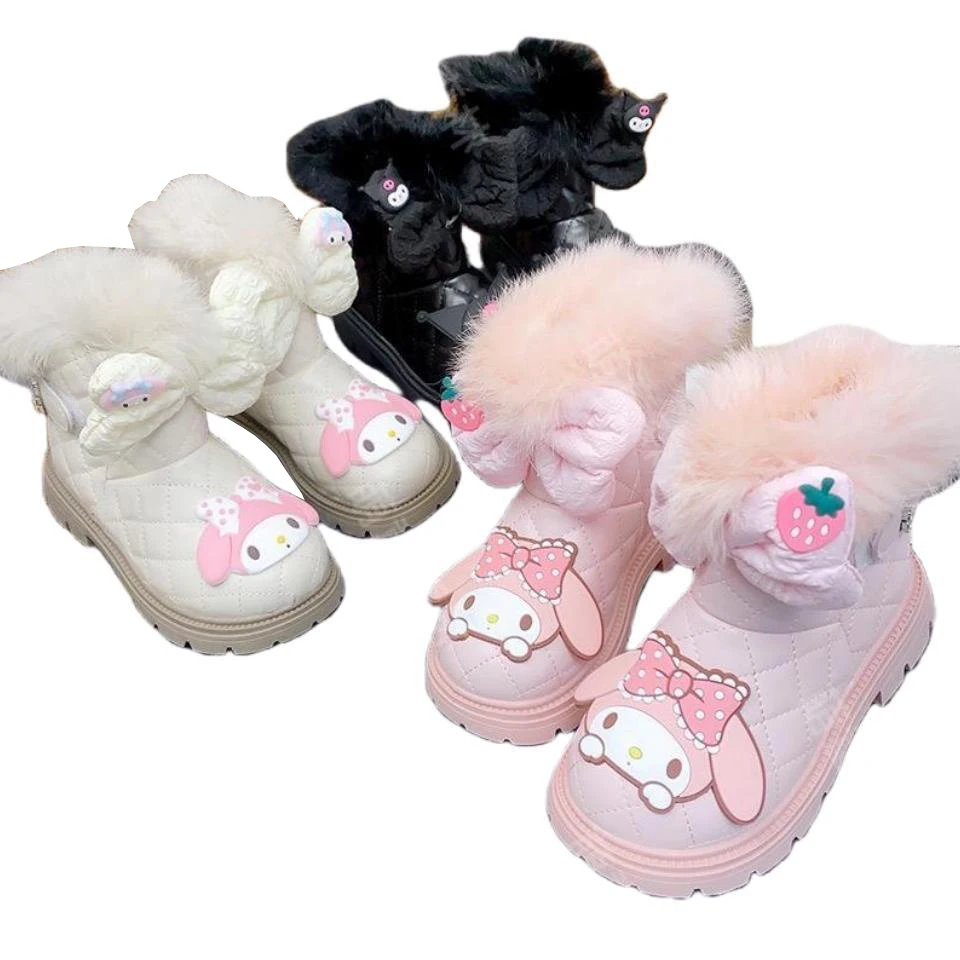 Anime Kawaii Sanrios My Melody Kuromi Kids Snow Boots Cartoon Plus Velvet Bow Fluffy Short Ski Boots Cute Girls Warm Shoes Gifts