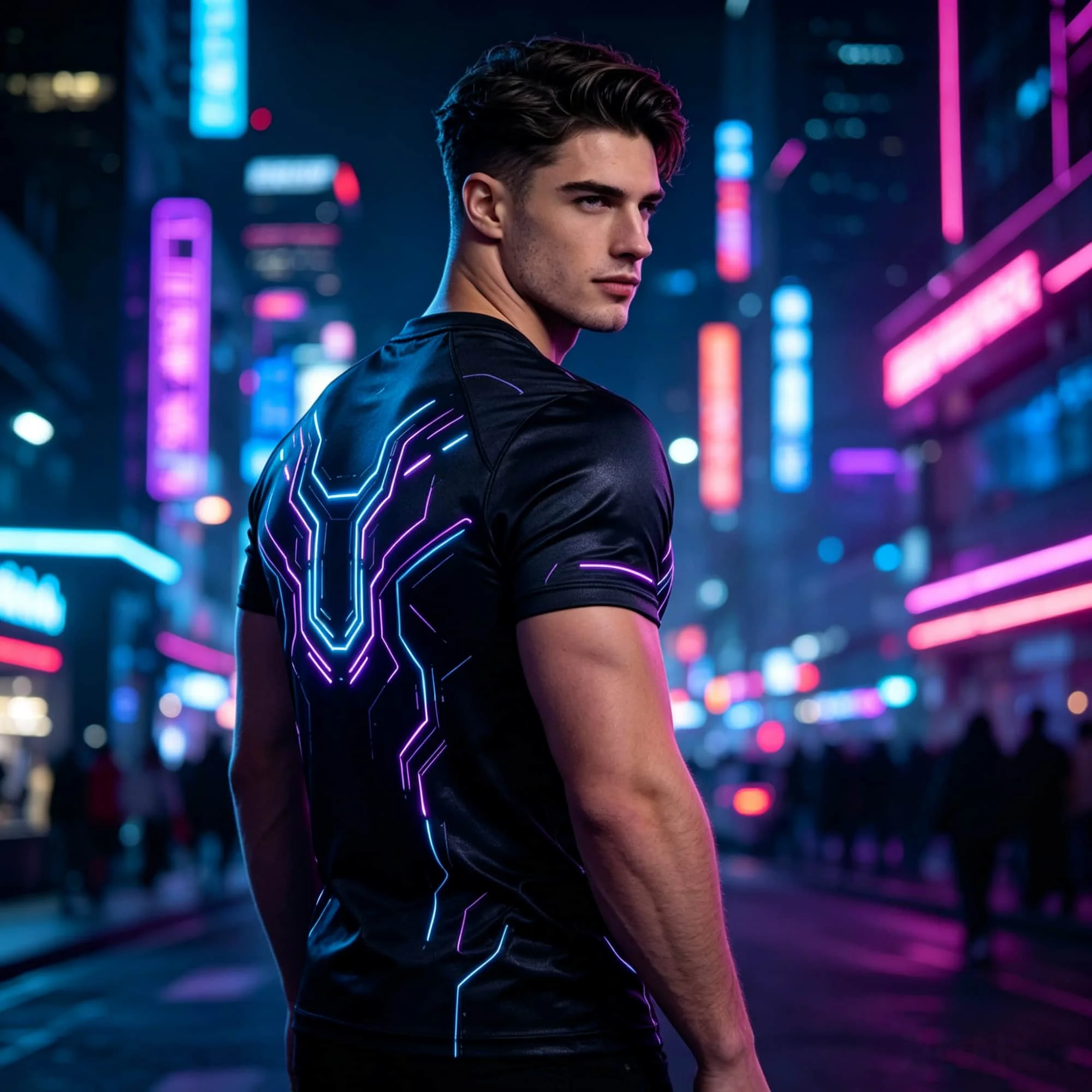 Summer Casual Streetwear Top Men Cyberpunk T-Shirt Futuristic Neon Line Print Short Sleeve Tee Techwear