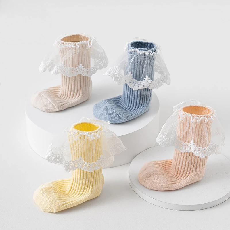 Combed Cotton Non-Slip Socks for Baby Girls Lace Cuff Loose Fit Crew Socks for Newborn Toddler Fall Spring Princess Ankle Socks