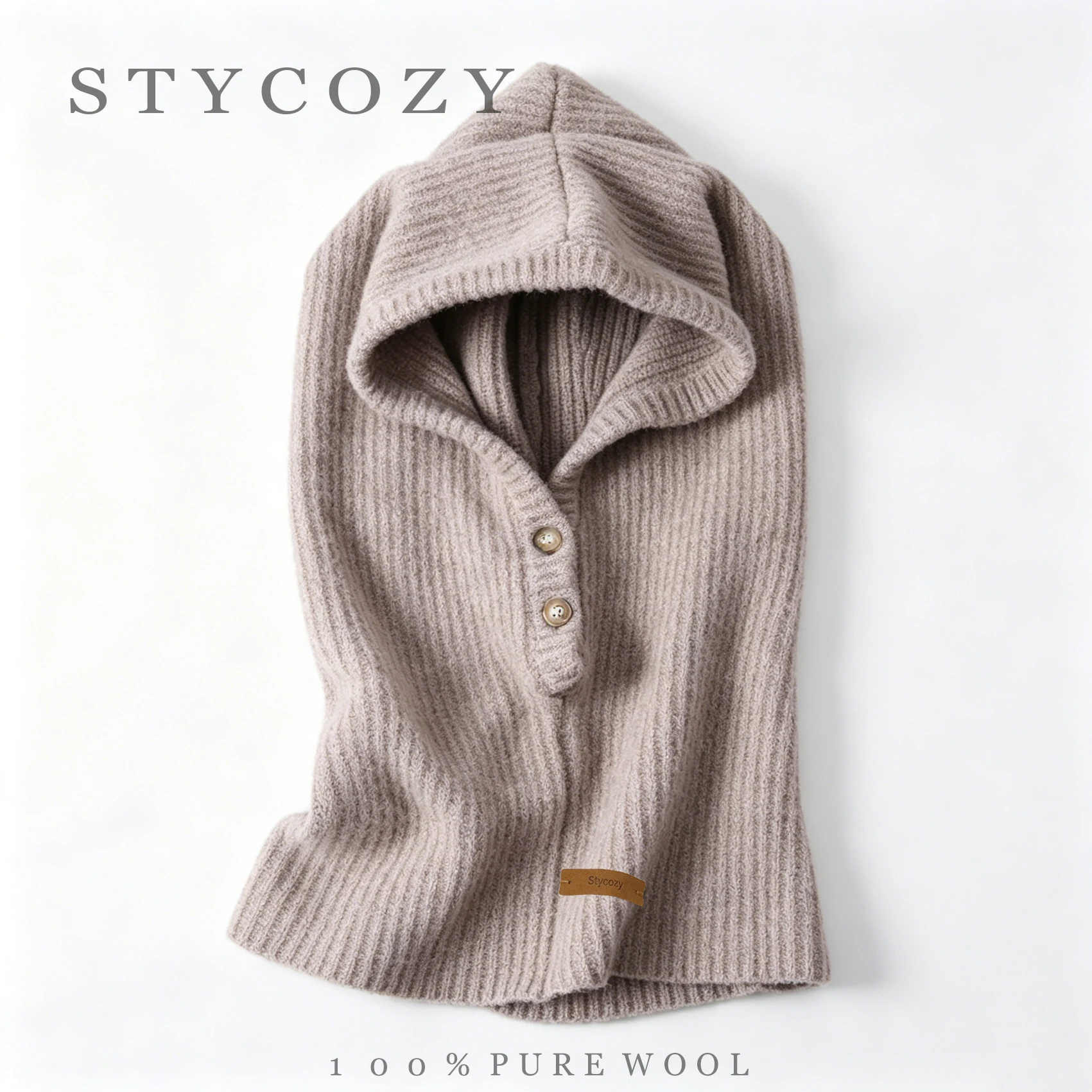 100% Wool Solid Color Thick Pullover Balaclava Hat Warm Full-Head Cover Hat For Women Casual Fall And Winter Ear-Protection Hat