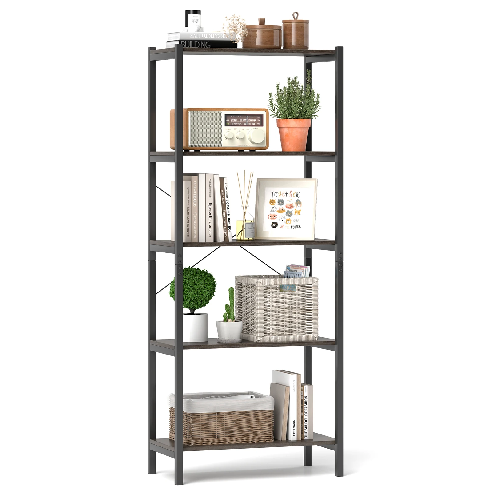 

5-Tier Rustic Industrial Bookshelf Wood Display Storage Rack w/ Metal Frame