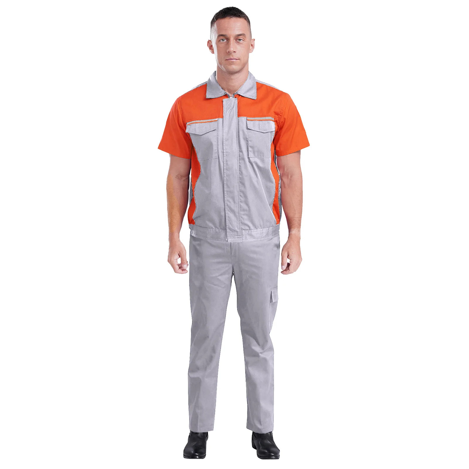 Mens Workshop Uniforms Outfit Set Short Sleeve Front Zip Pockets Reflective Stripes Top And Pants Dungarees Sanitation Workwear