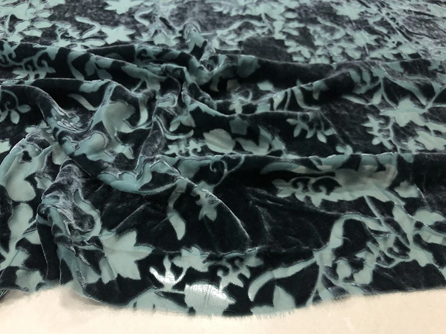 

New High Quality Real Silk Velvet Fashion Cloth Lake Blue Bottom Hollow out Etched-out Designer Fabric Dress for Cheongsam Qipao