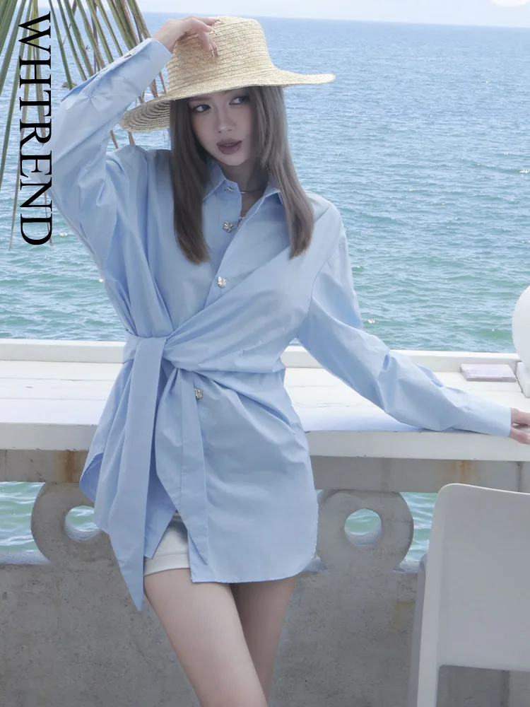 

WHTREND 2022, осенняя новая синяя рубашка с завязками на талии для женщин, элегантные блузки с галстуком, женская мода WH1695