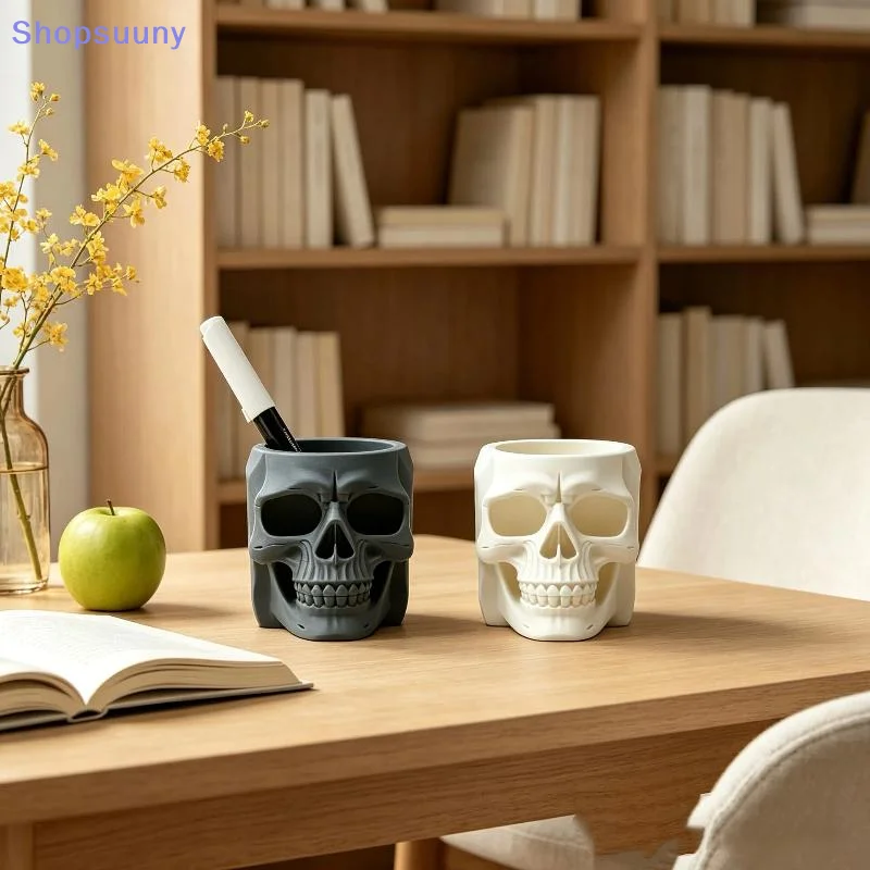 [SU]New Model Skull Shaped Pen Pencil Holder Home Office Desk Makeup Supplies Office Organizer Accessory Prop[SU]