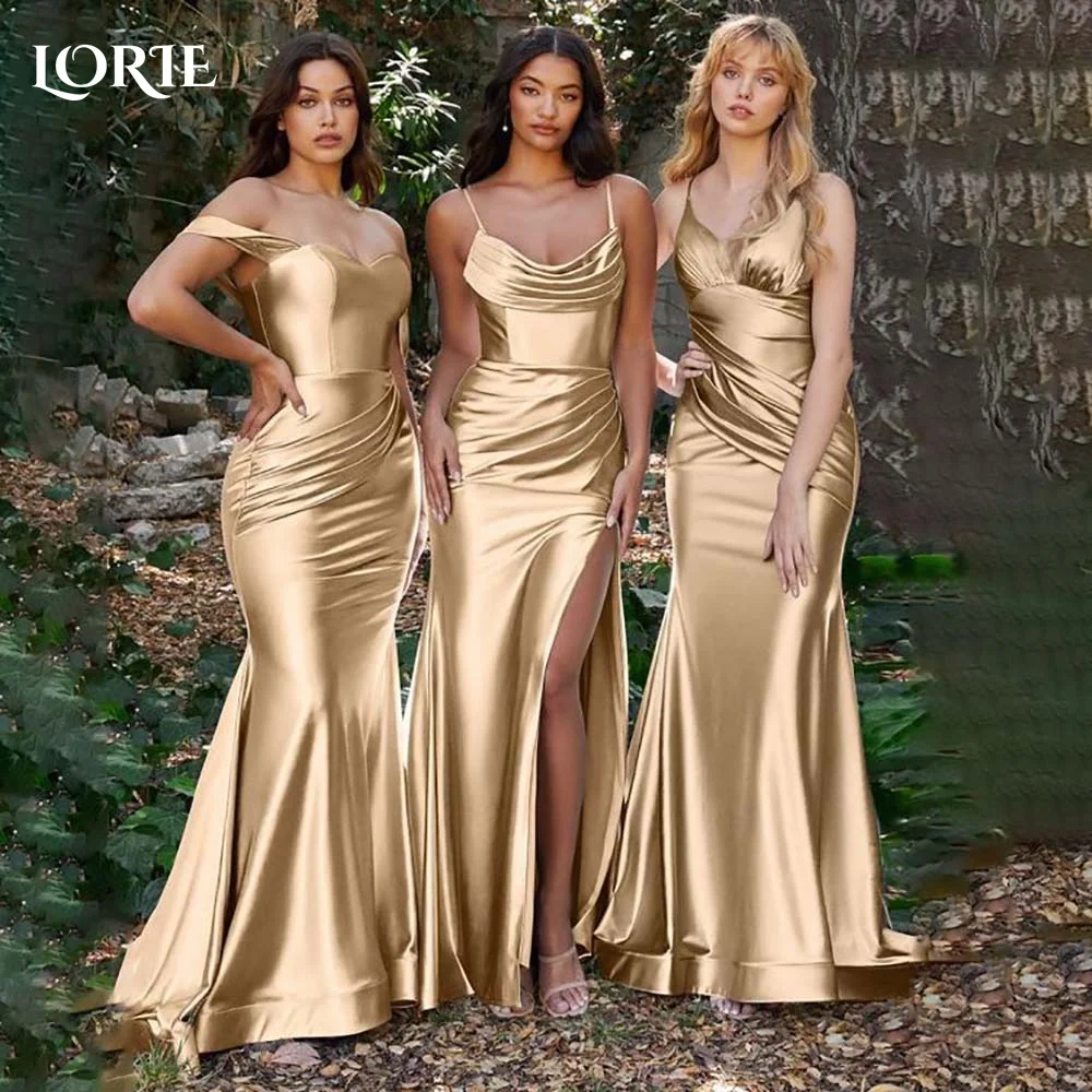 

LORIE Elegant Bridesmaid Dresses Gold Mermaid Backless Pleats Beach Bridal Gown Spaghetti Strapless Customized Bride Dress