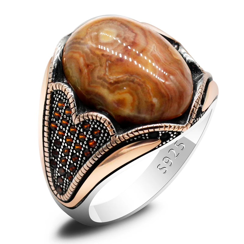 

925 Silver Men's Ring with Natural Crazy Agate Stone Rose Gold Jewelry Valentine's Day Gifts Men's Women's Engagement Rings