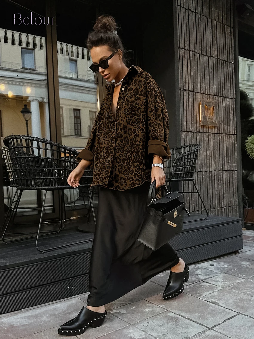 Bclout Autumn Cotton Leopard Coats Women Fashion Brown Long Sleeve Loose Jackets Streetwear Pockets Single Breasted Female Coats