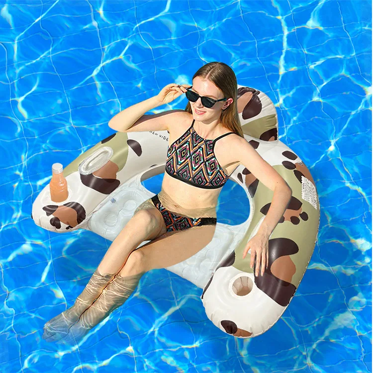 

Надувной плот-шезлонг на одного человека с подстаканником, из утолщенного ПВХ, с леопардовым принтом, U-образный, для летних водных развлечений