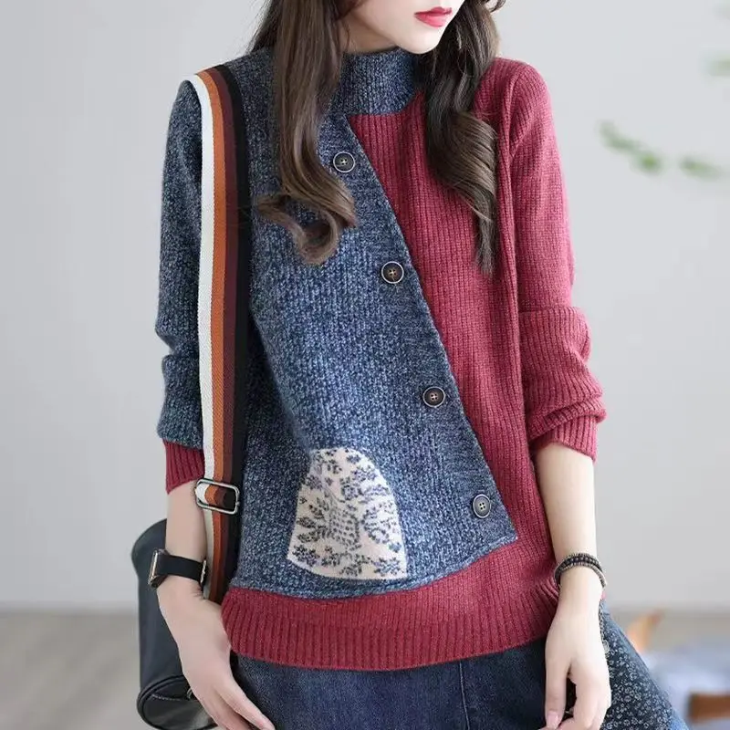 Vintage Autumn Winter New Sweaters Pullovers Women\'sMock Neck Contrast Color Patchwork Button Fashion Long Sleeve Knitted Tops