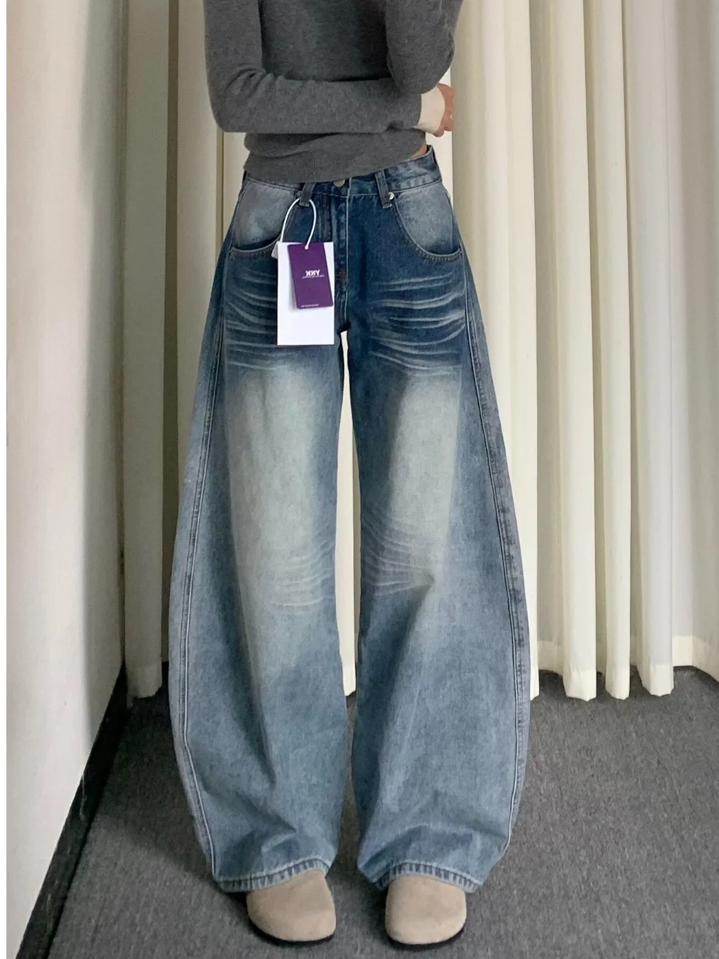 

Light Blue Waed Wide Leg Jeans Women's Spring Whisker Design Loose Slimming Knife Pants Casual Sle Low Waist
