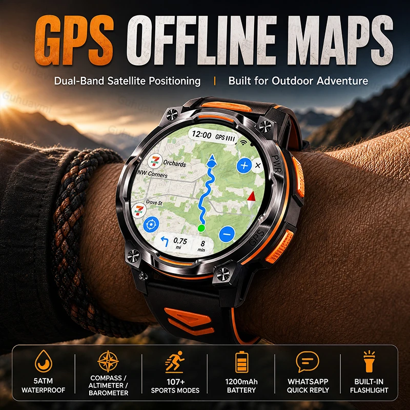 2026 New Outdoor GPS Sport Smart Watch Offline Map 1200mAh Battery Flashlight 5ATM Waterproof Compass Swim Smart Watches For Man