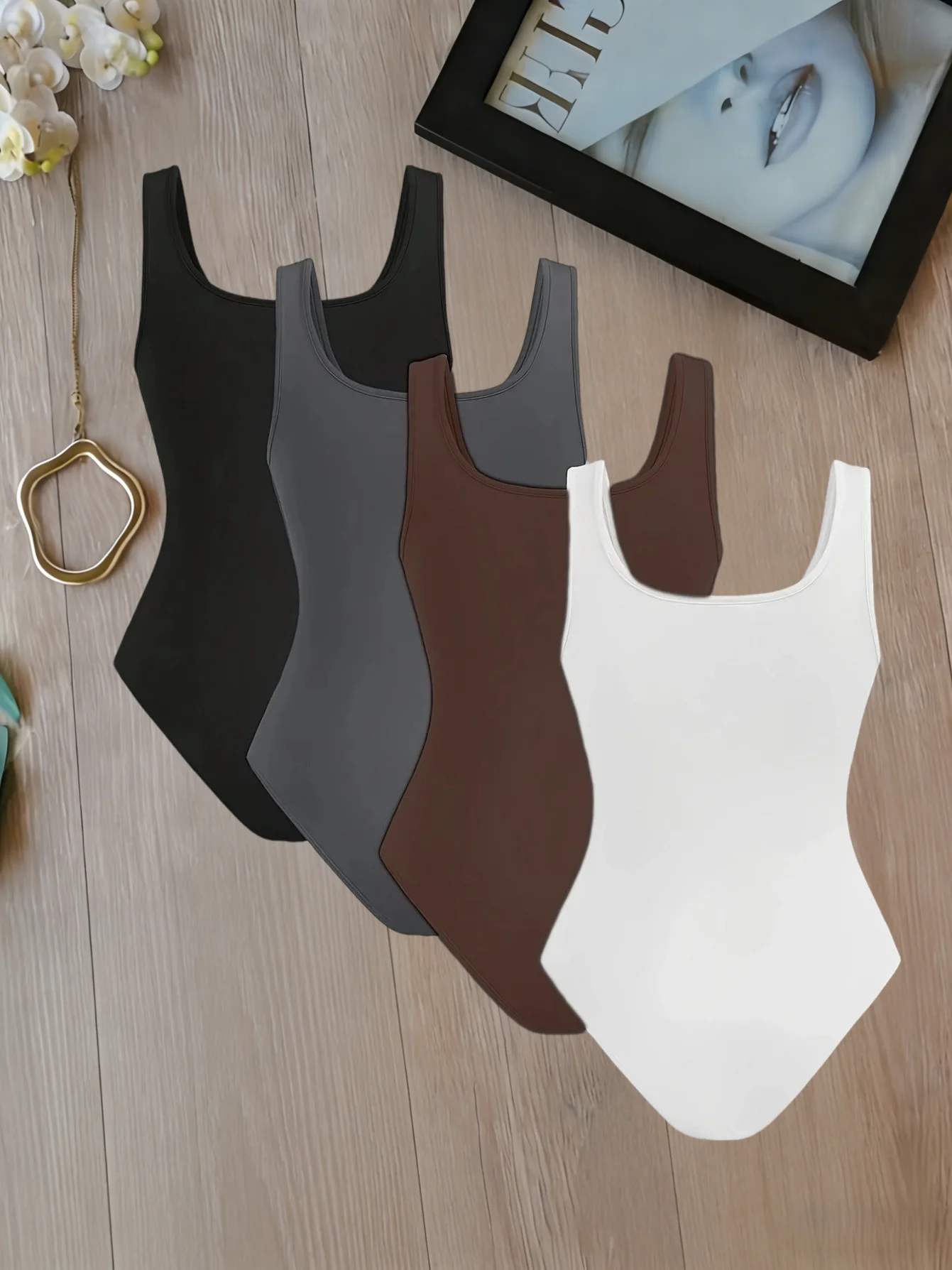 Women 4 Pack Square Neck Sleeveless Bodysuit Set Form Fitting Thong Bodysuit Set