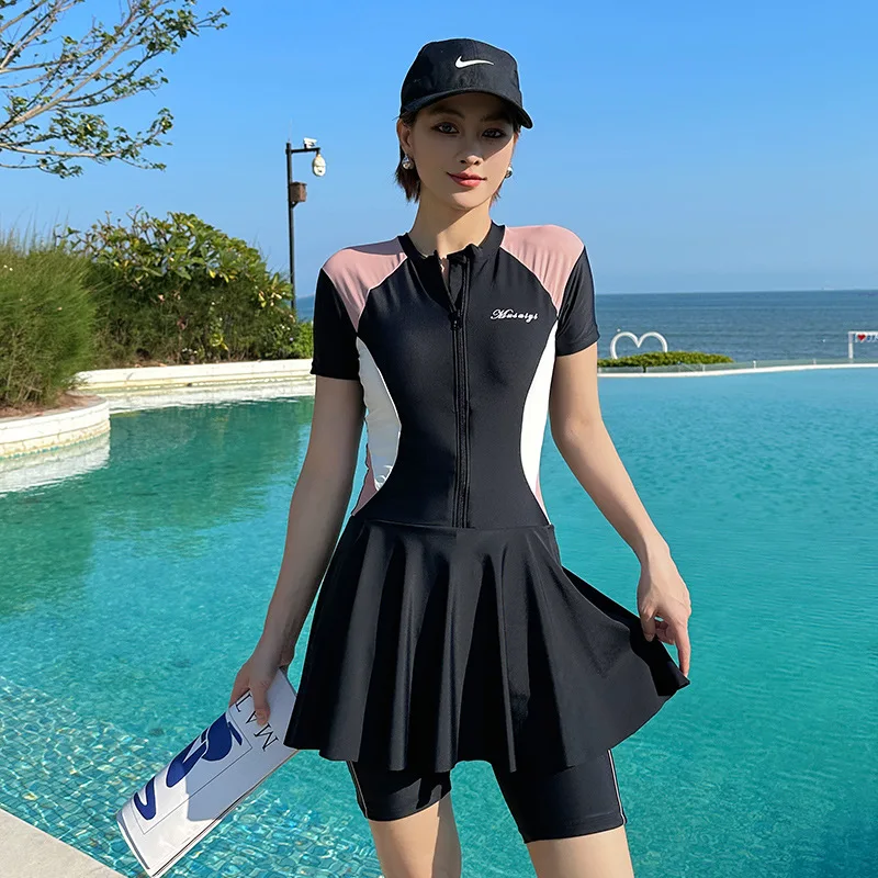 Large Size Black Color Swimwear Women Short Sleeve One Piece Swimsuit With Skirt Conservative Beach Wear Solid Swimming Suit