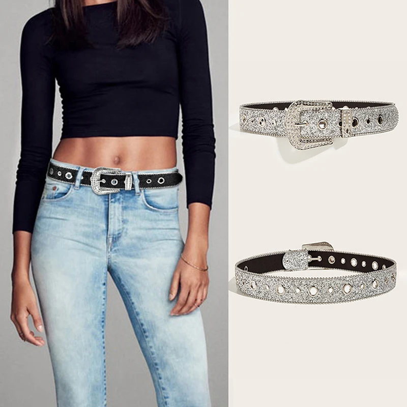 

Goth Rhinestone Belts Women PU Leather Strap Bling Diamond Crystal Waist Belts Western Cowboy Y2K Girls Fashion Belt for Jeans