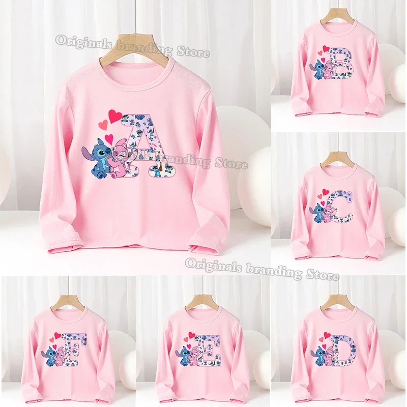 Lilo & Stitch Disney Lettera ABC Abbigliamento per bambini Ragazza Camicia lunga Abbigliamento Bambino Inverno Autunno Felpa sottile Abbigliamento