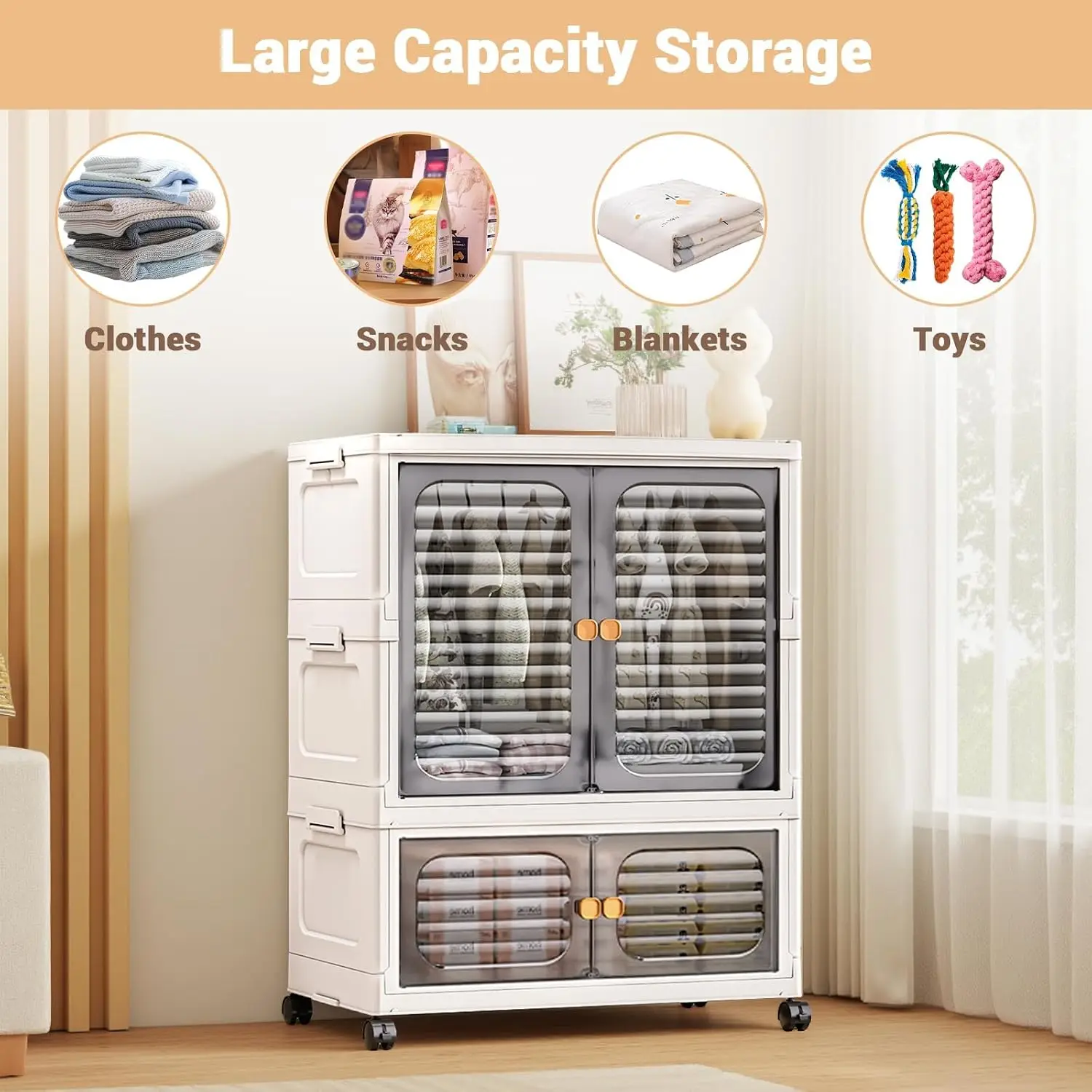 Stackable Plastic Storage Bins, with Doors, Wheels & Hanging Rods, Large Collapsible Closet Organizer Cabinet, Versatile Home Storage