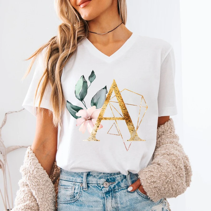 Pink Flower Letters A-Z Print T-Shirt 26 Alphabet Women's V-Neck T-Shirt Flower Letter A B C D Short Sleeve Female Tees Tops
