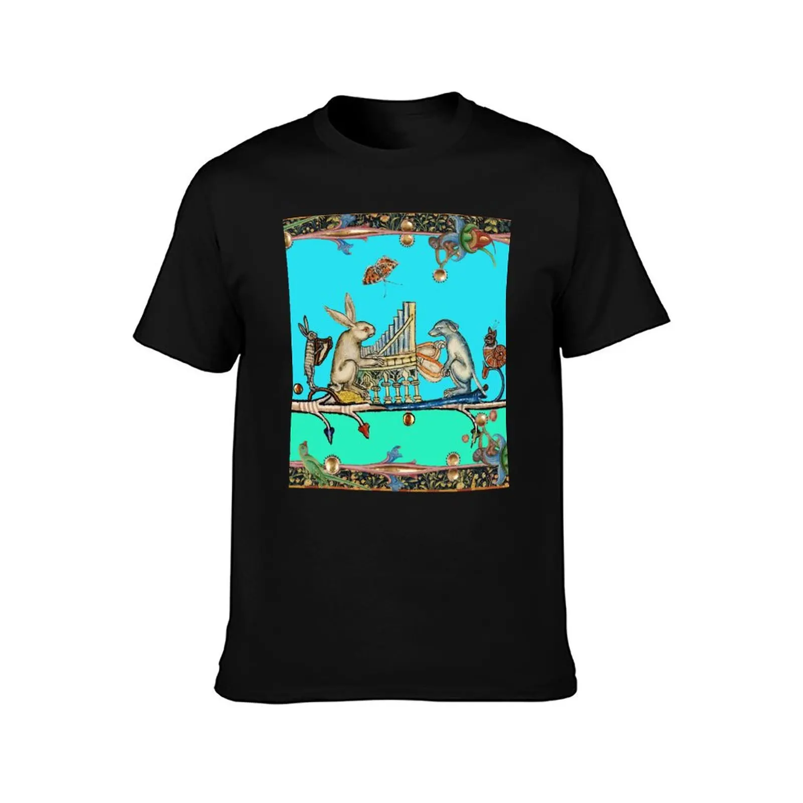 WEIRD MEDIEVAL BESTIARY MAKING MUSIC,White Rabbit And Dog Playing Organ Harpist Hare Snail Cat in Blue T-Shirt 100% Cotton
