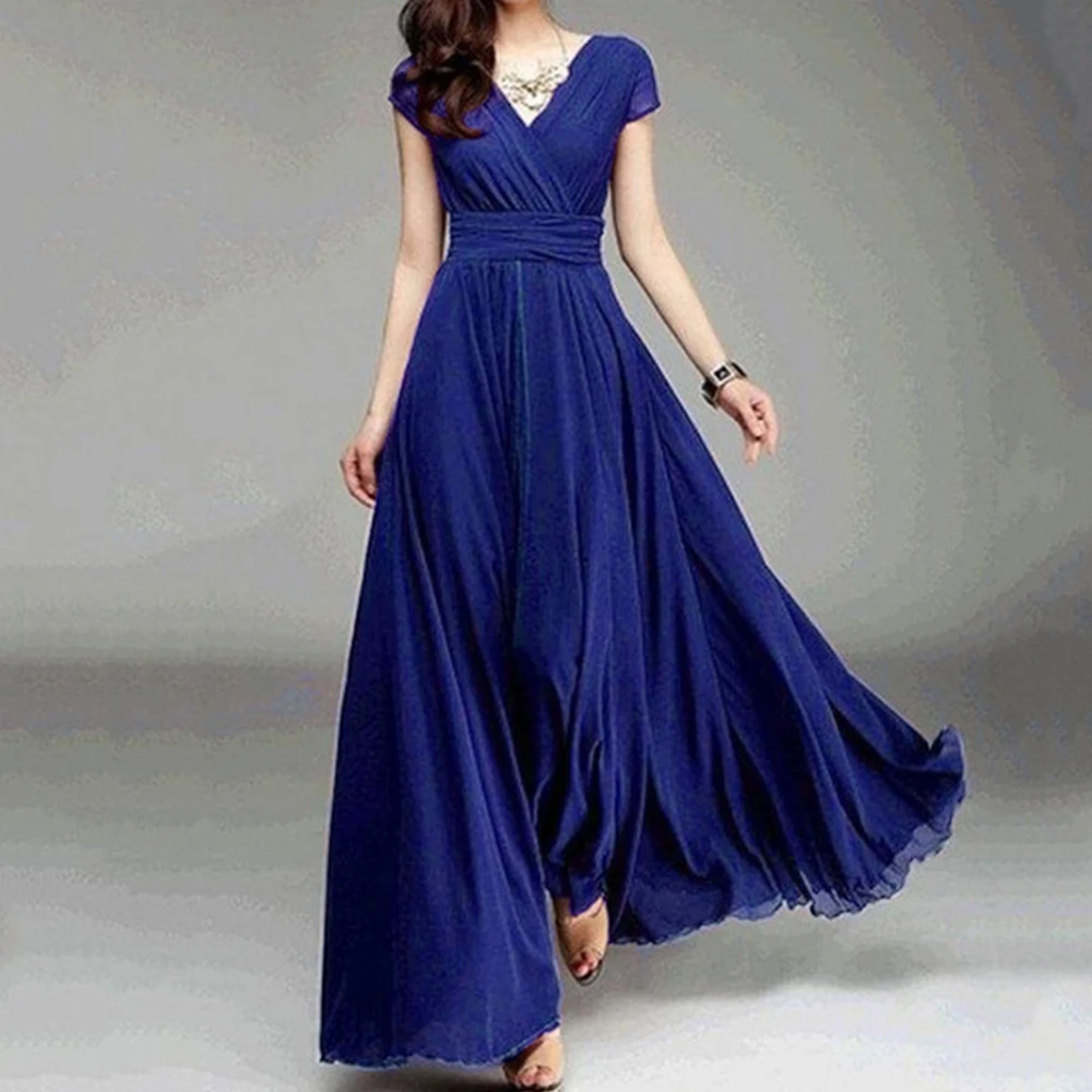 Women Sleeveless V-neck High Waist Ruched Bohemian Chiffon Maxi Long Dress Summer Vacation Holiday Elegant Party Dresses Vestido