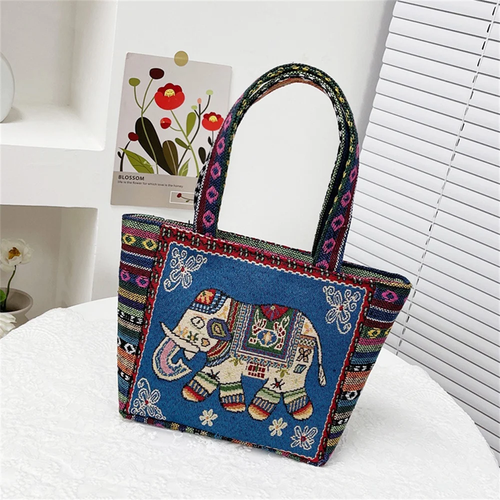 Women Embroidered Tote Bag Retro Owl Elephant Printed Handbags Ladies Large Capacity Reusable Shopping Bag Female Shoulder Bag