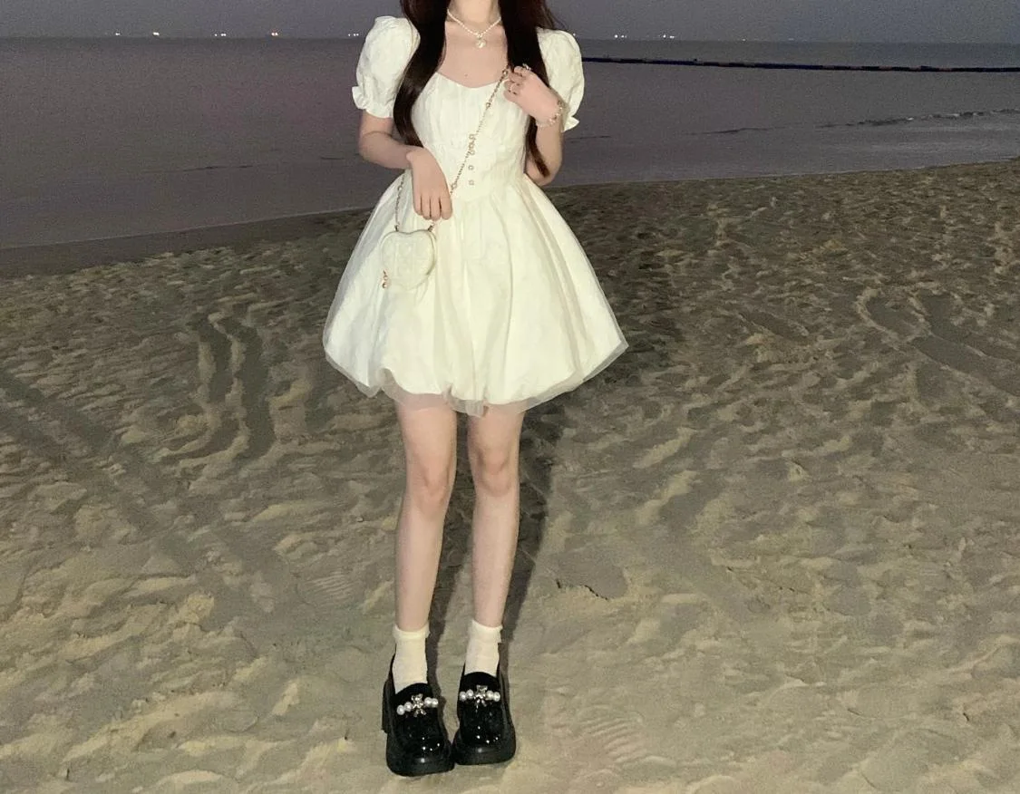CGC Vintage Puff Sleeves White Short Dresses For Women Summer Elegant Party Dresses Korean Fashion Female Kawaii Lolita Dress