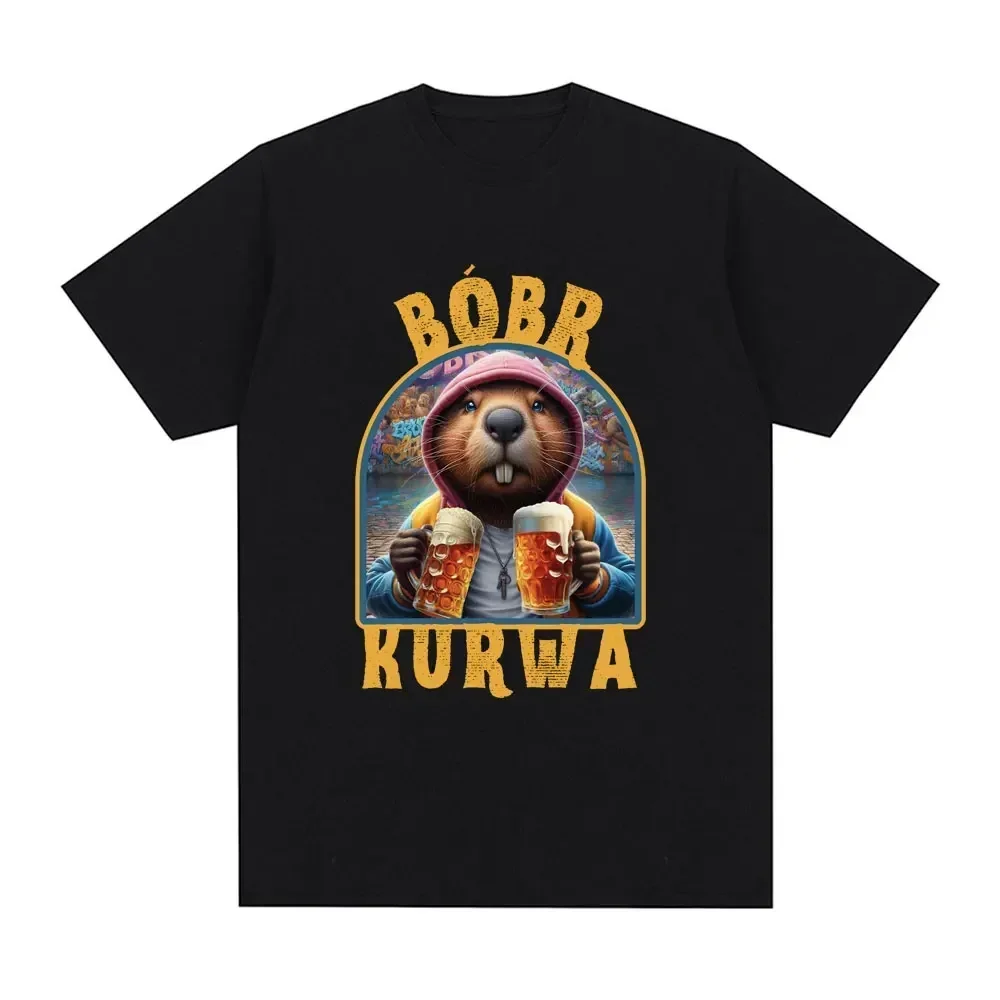 Camiseta Bober Kurwa Bobr Divertida Castor Bebiendo Cerveza Meme Moda Mujer Hip Hop Camiseta Suelta Ropa De Calle Camisetas