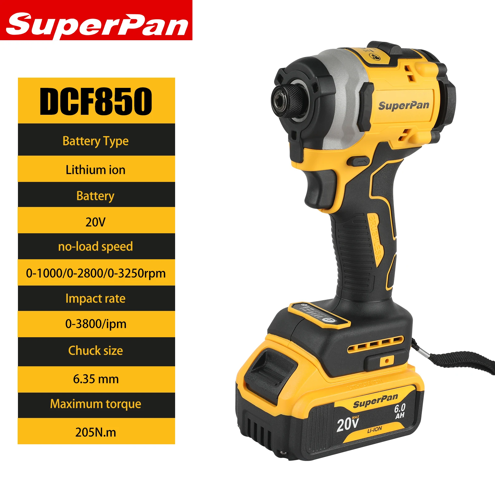 

SuperPan DCF850 Cordless Impact Drill Driver - Brushless Motor, 20V Li-ion Battery, 205N·m Torque, 3250RPM